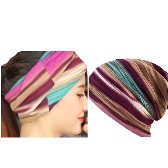 BOHO STRIPED MULTI WEAR BEANIE SKULLCAPS - Picture 3 of 3